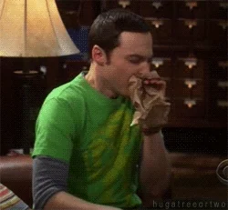 Sheldon Cooper from The Big Bang Theory breathing anxiously into a brown paper bag.