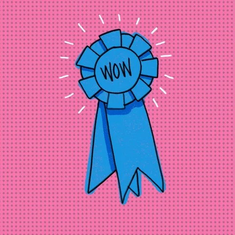Blue prize ribbon with the word 'wow' in the center.