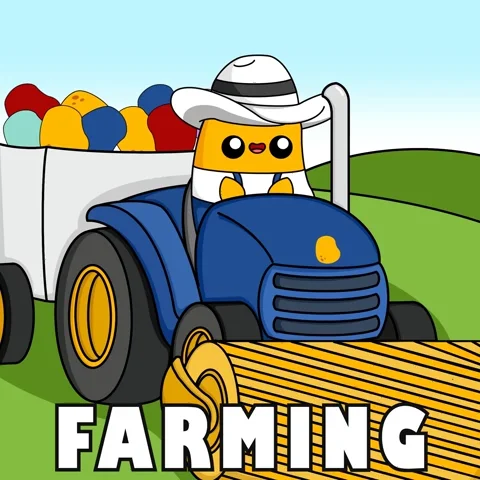 A small yellow character farming on a tractor. 