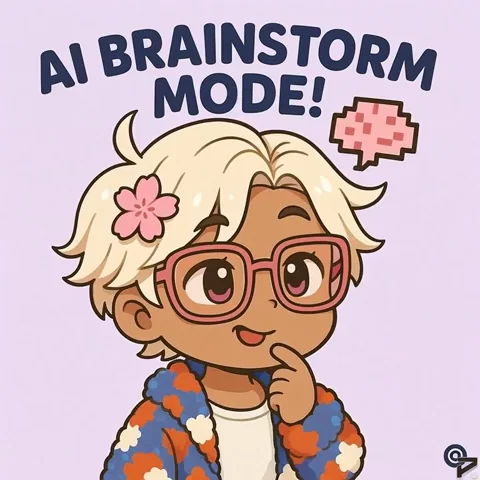 An anime style character with a colorful outfit and large glasses says, "AI brainstorming mode!"