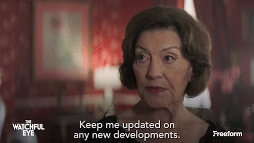 White middle aged woman saying: “Keep me updated on any new developments.”
