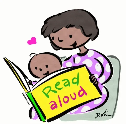 A person happily reads a book titled 