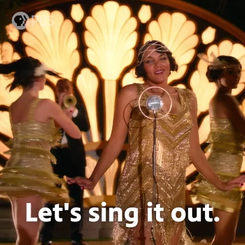 Broadway singers in cabaret costumes. The text reads: 