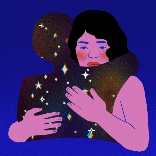 An animation depicting two people hugging. One of the people has a star field for a body.