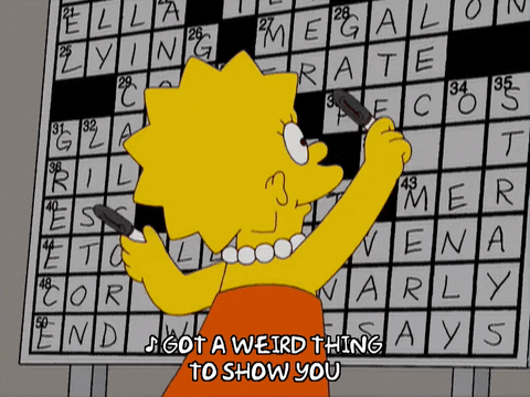 Lisa Simpson is writing in the letters r, a, and p to complete a crossword puzzle