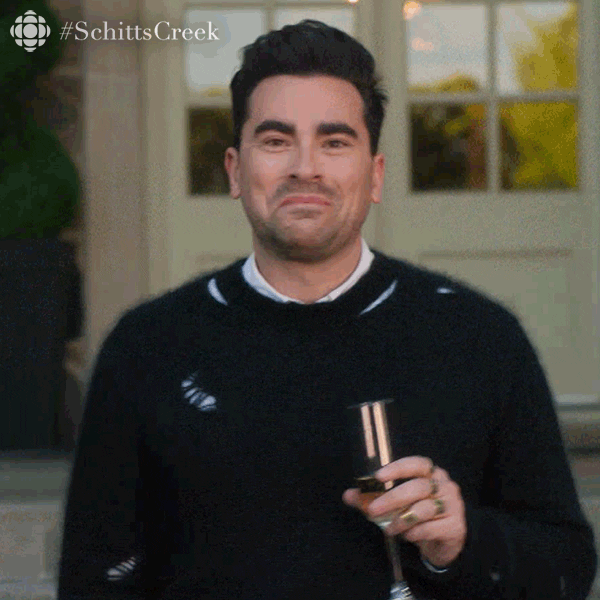 David from Schitt's Creek holding a glass and saying 'It's Perfect'