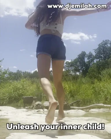 A young woman dancing outside with subtitle, 