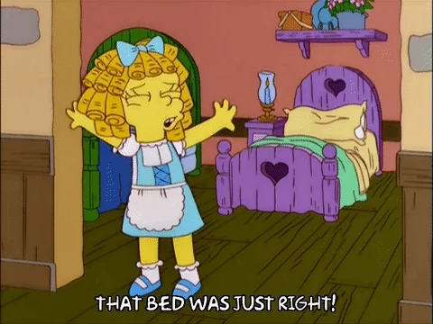A cartoon of Goldilocks waking up beside her bed saying, 
