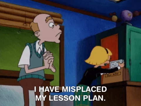 A scene from Hey Arnold. A teacher has misplaced her lesson plan, and another teacher is worried.