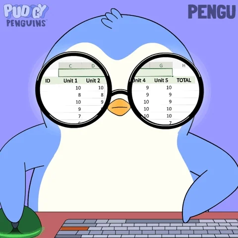 A cartoon penguin works speedily at his desk, the reflection of his glasses filled with excel sheets full of data