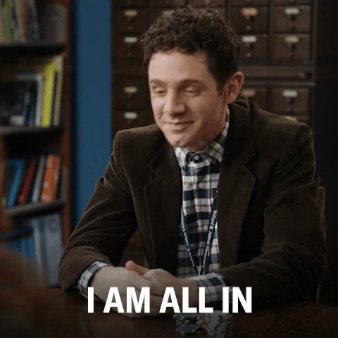 A man says, excitedly "I am all in!"