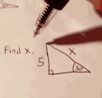 A math problem that asks a student to find x on a triangle. A student draws an arrow to the x on one of the triangle's side.