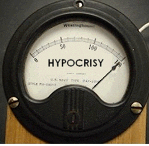 A level meter labelled 'hypocrisy'. The needle registers the highest level of hypocrisy.