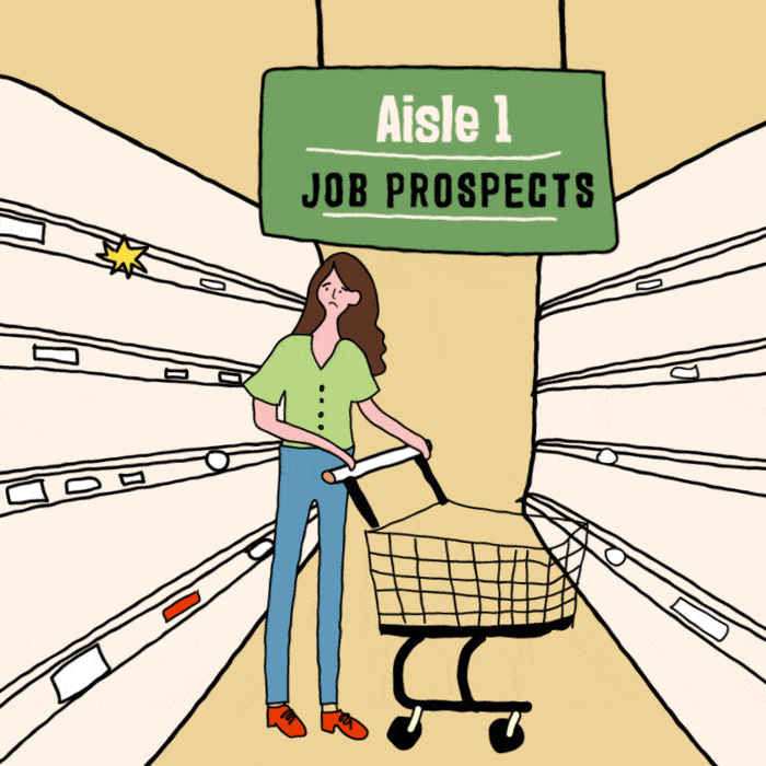 Woman, standing in an aisle, is looking back and forth. A sign that says 'Aisle 1 Job Prospects' hangs above her head