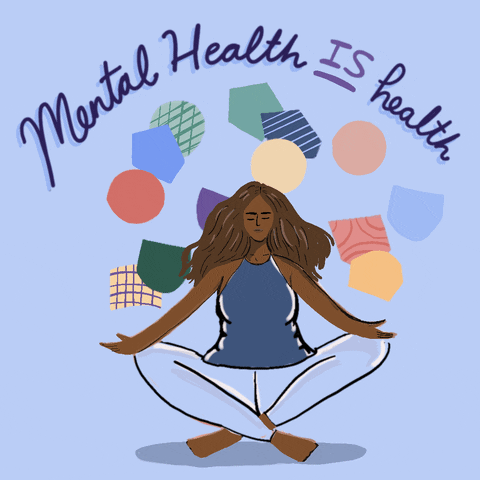 An animation of a person meditating under the text, 'mental health is health'