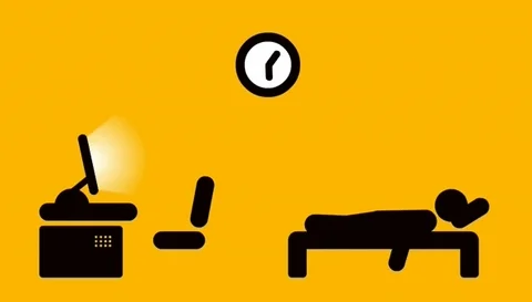 An animated loop showing a stick figure waking up, working at a desk, and going back to sleep.