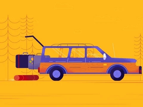 Animation of station wagon and suitcases being packed in the trunk