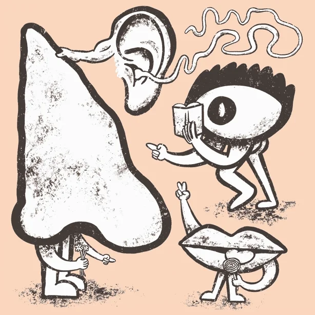 An animation showing the 5 senses as different body parts.