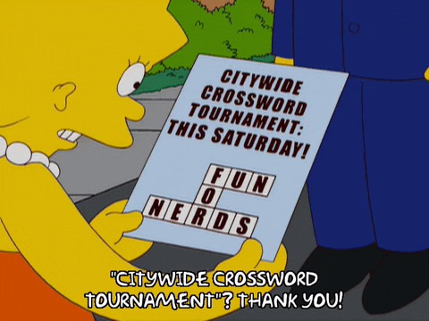 Lisa Simpson reads a flyer that says 'Citywide Crossword Puzzle Tournament: This Saturday... Fun for Nerds'