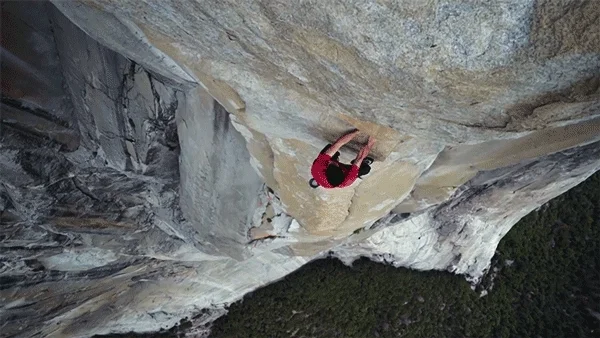 A man rock climbing from the documentary Free Solo.