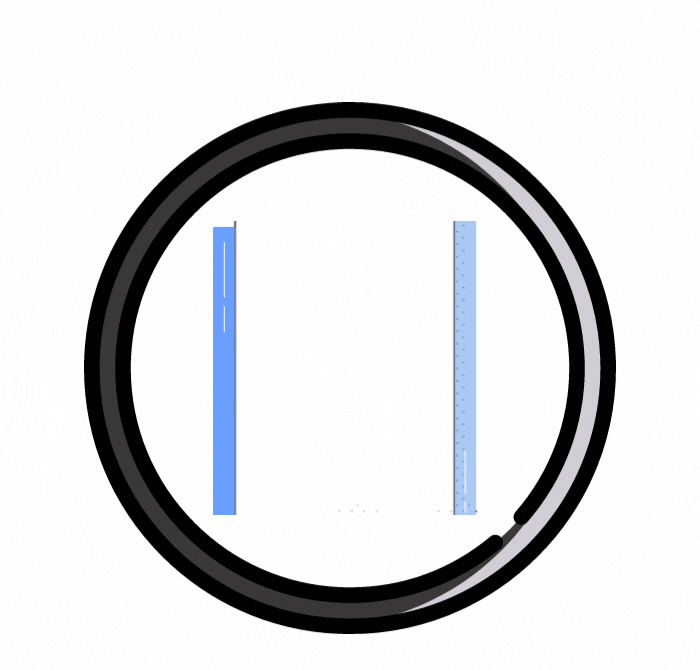 Black and white outlined circle with animated paper in the middle.
