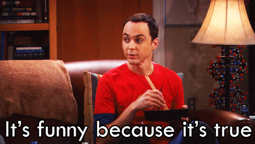 Sheldon from Big Bang Theory saying, 'It's funny because it's true.'