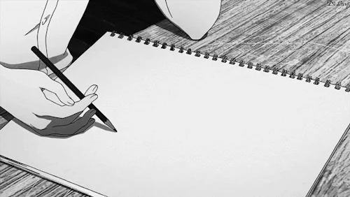 An animated black and white image of a person tapping their pencil against a blank sheet of paper.