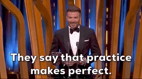 David Beckham saying, "They say that practice makes perfect."