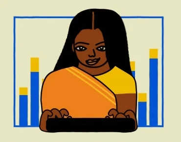 A woman types on a keyboard while bars on a chart move up and down behind her.