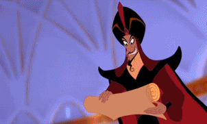 Jafar from Aladdin giving a very long list to the king.