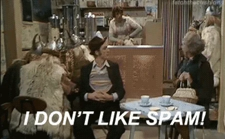 An old woman in a restaurant says, 'I don't like spam!'