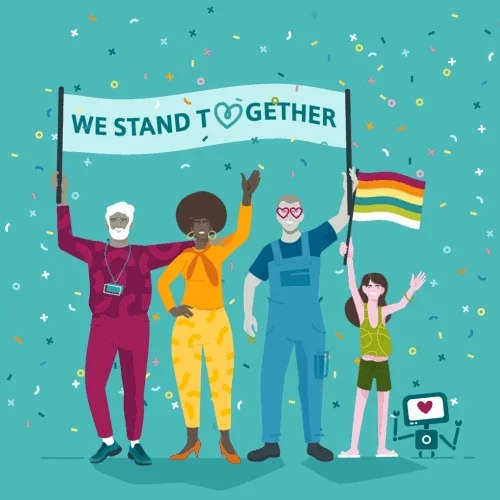 Diverse group of people and one robot hold up a sign reading 'We stand together'