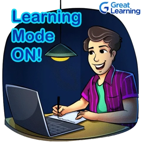 A person looking at a laptop and writing on a pad of paper. The text reads: "Learning Mode On"