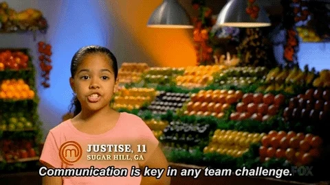 An 11 year old girl speaks shaking her head  while overlaid text reads 'communication is key in any team challenge.'