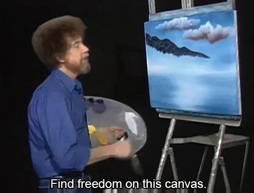 bob ross painting on a canvas, captioned 