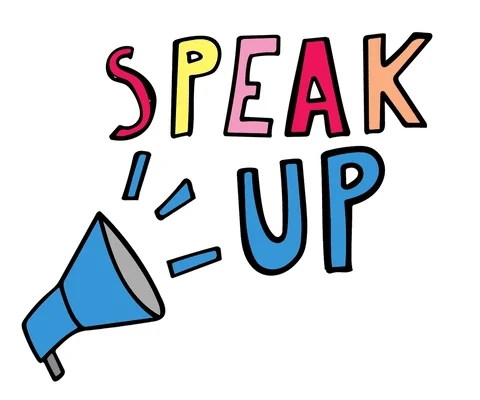 A blue megaphone shouts out the words: 
