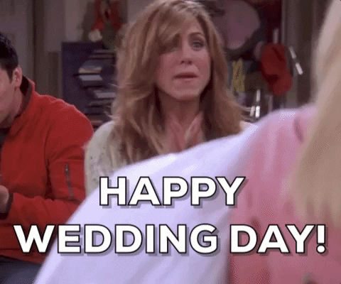 Rachel from Friends clapping happily and saying 'Happy Wedding Day!'