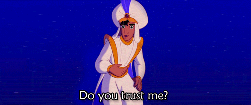 Aladdin reaching his hand out. He asks Princess Jasmin, 