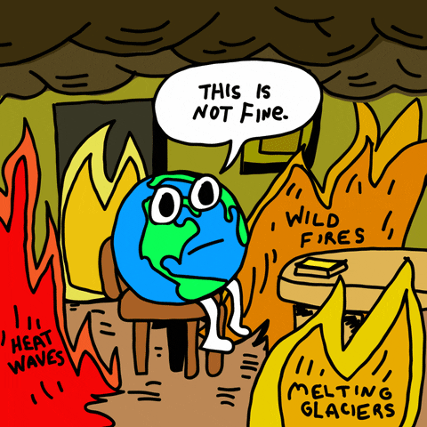 Sitting in a burning room, a globe with a face and legs says, 'This is not fine.'