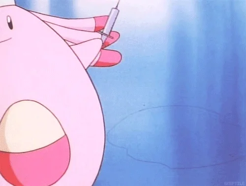 GIF of the Pokemon Chansey in a nurse's hat walking on screen with a needle