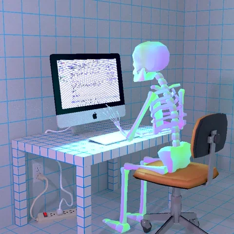 Skeleton typing in front of a computer, taking away its cat from interrupting.