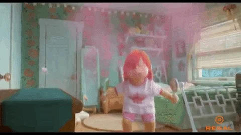 A scene from Turning Red where a young girl turns into a giant red panda in her bedroom.