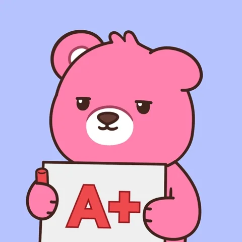 Pink cartoon bear writing on a piece of paper and showing an A+