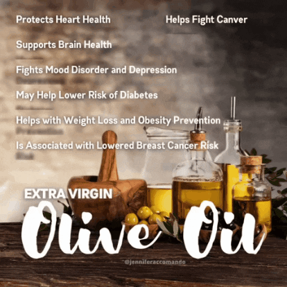 Benefits of olive oil, such us protecting heart health and supporting brain health (Olive Oil Cooking GIF by Jennifer Accoman