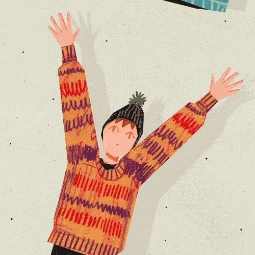 cartoon person wearing jumpers of different colours and patterns