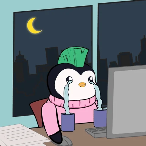 A cartoon penguin at a work desk at night, crying heavy tears from each eye into two coffee mugs.