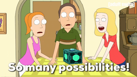 Characters from Rick and Morty saying 'So many possibilities!'