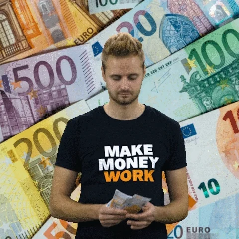 A man smelling money and then smiling, in front of a background of different currencies. His shirt says: Make Money Work