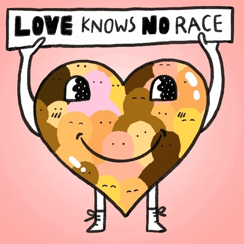 Heart shaped figure filled with people of different races holding up a sign that says Love Knows No Race 