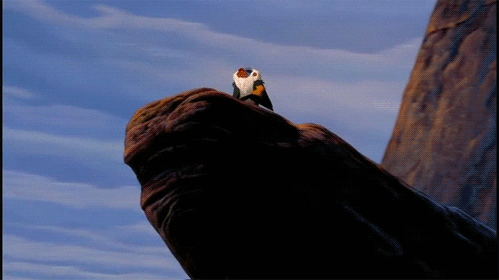 Disney Lion King with Rafiki holding up cub Simba on Pride Rock